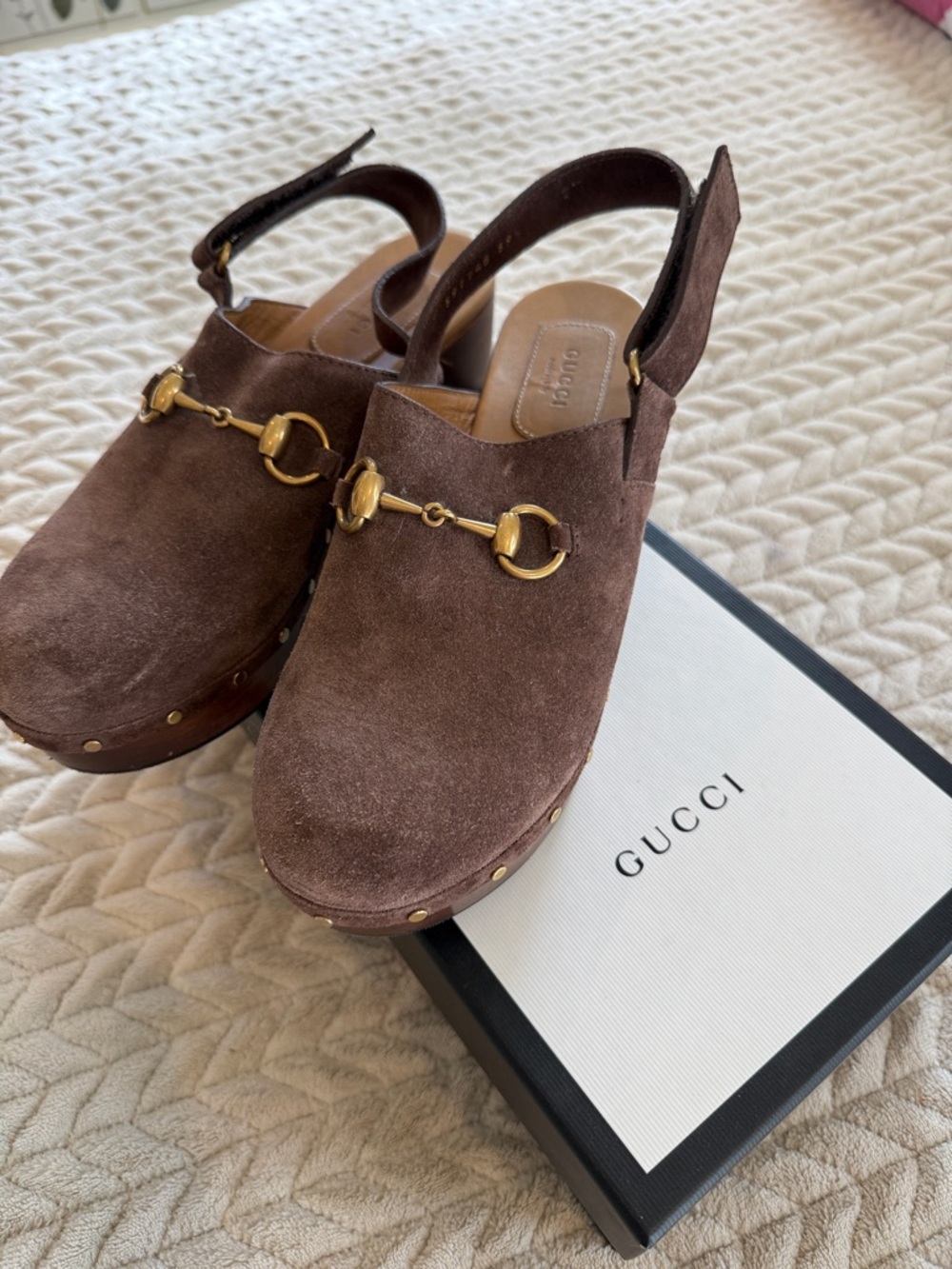 Gucci Brown Suede Horsebit Platform Slingbacks